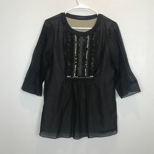 Elie Tahari Black Sheer Silk Top with Suede Detail